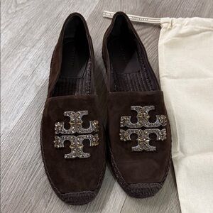 Tory Burch Dark Brown Suede Loafers with Crystal Logo
Dust bag 
No original box